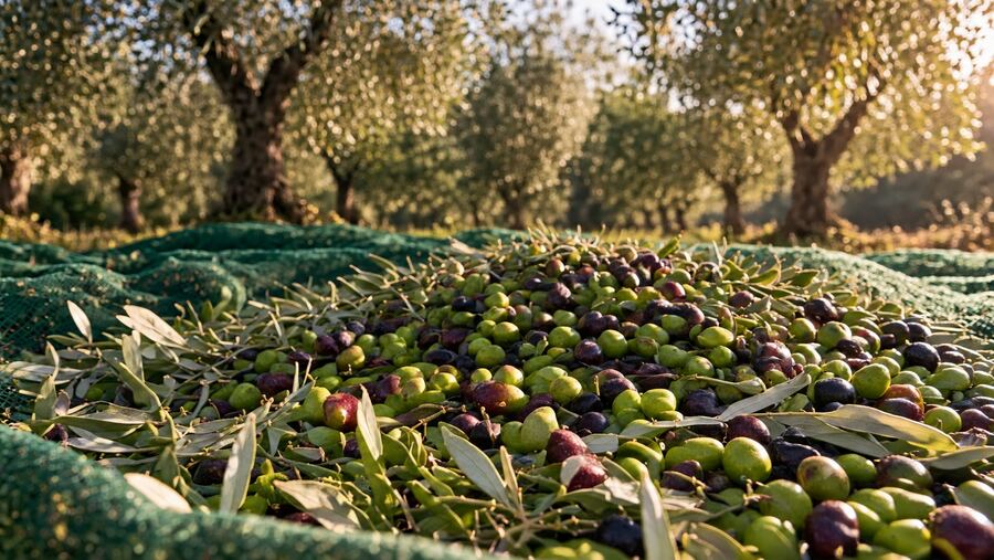 Olive appena raccolte sul telo