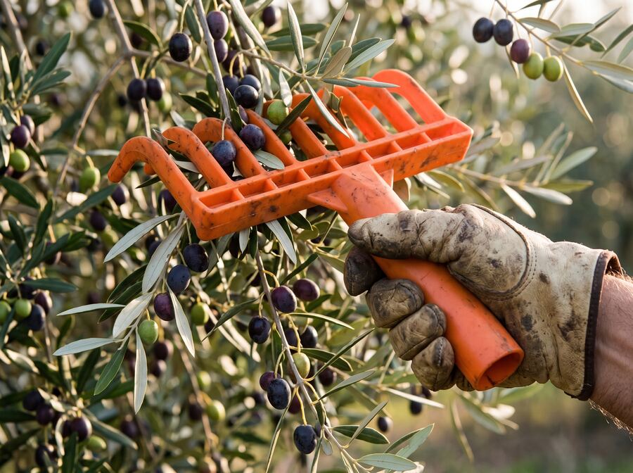 Olive raccolte a mano in una cesta di vimini