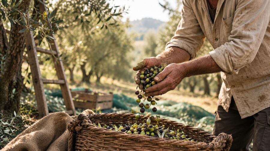 Raccolta delle olive tra i rami